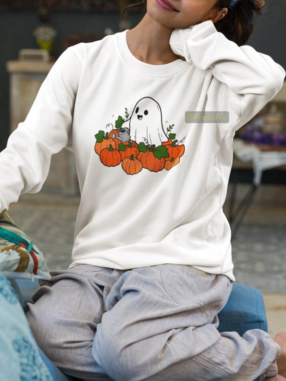🆕Ghost Pumpkin Gardener Fleece Crew Sweatshirt White